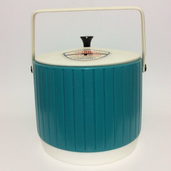Vintage Thermos Plastic Ice Bucket Teal White Bar Restaurant Man Cave Decor - Picture 4 of 12